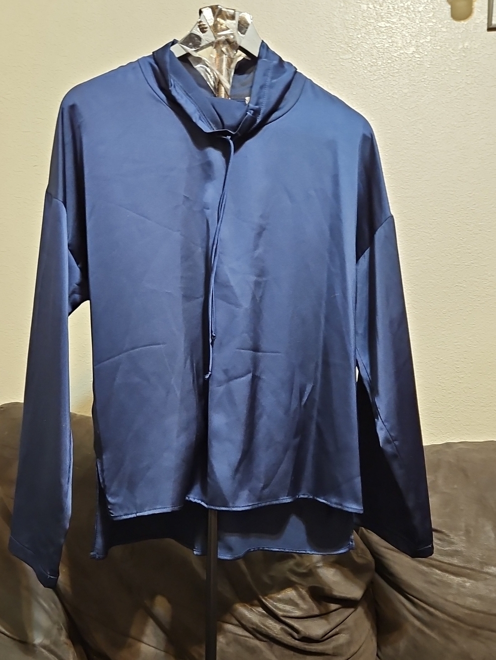 Elegant Navy Satin Long-Sleeve Blouse with Neck Tie